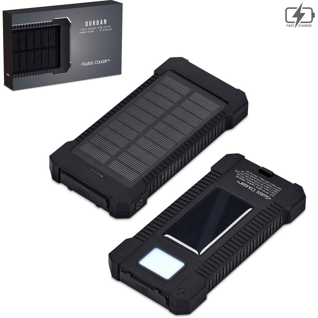 Swiss Cougar Durban Fast Charge 20W Solar Power Bank -10 000mAh